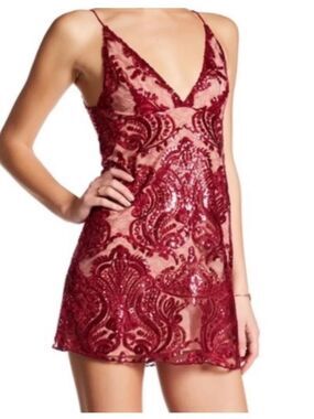 New Free People Night Shimmers Burgundy Sequin Mesh Mini Dress Plunge Party 4